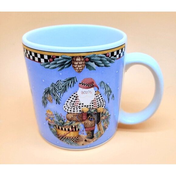 Debbie Mumm Sakura Woodland Santa Mug 1998 Buffalo Check Christmas Coffee Tea - Picture 1 of 5